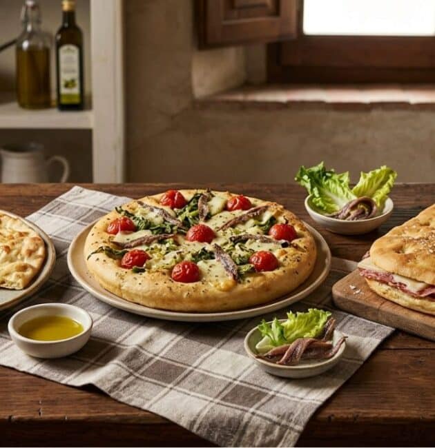 Assortimento di tre focacce italiane regionali poco conosciute: la focaccia di Recco al formaggio, la focaccia messinese con scarola e acciughe, e la schiacciata toscana farcita su un tavolo di legno rustico.