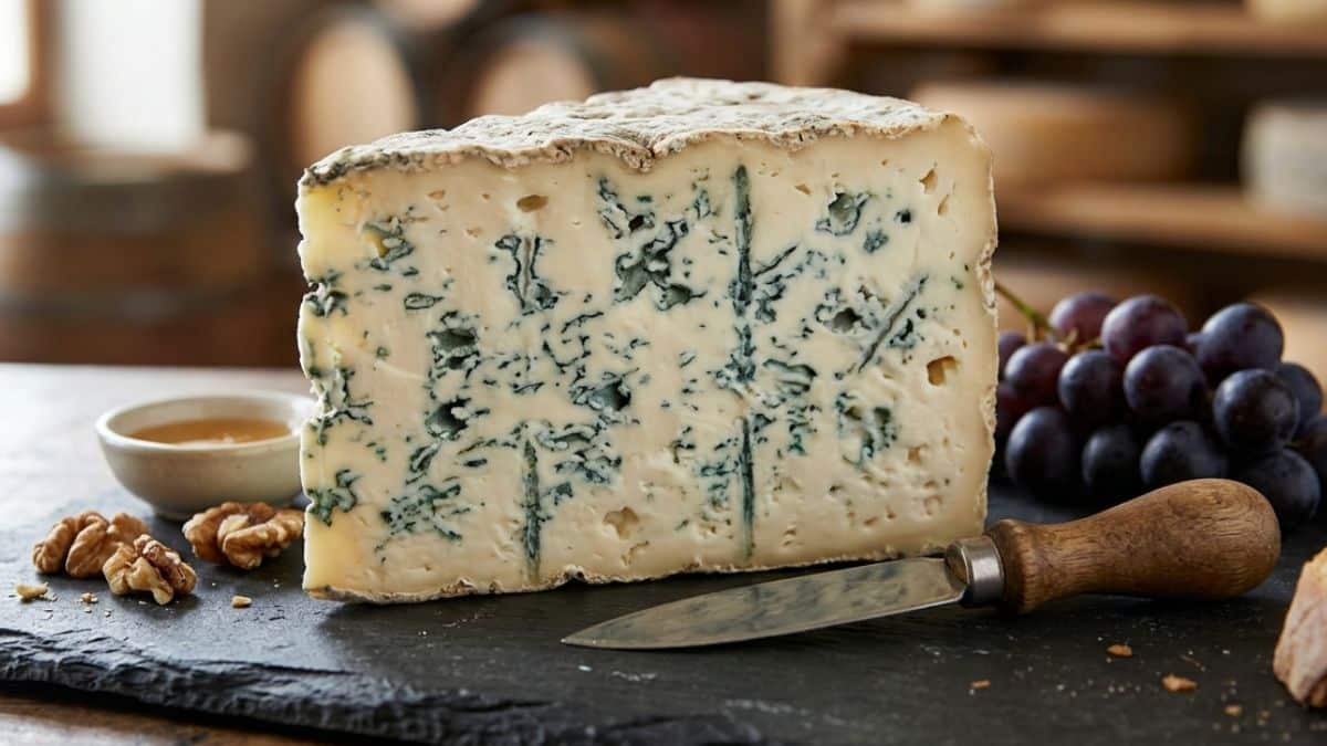 Primo piano macro delle venature blu di un Gorgonzola, uno dei piรน celebri formaggi erborinati italiani.