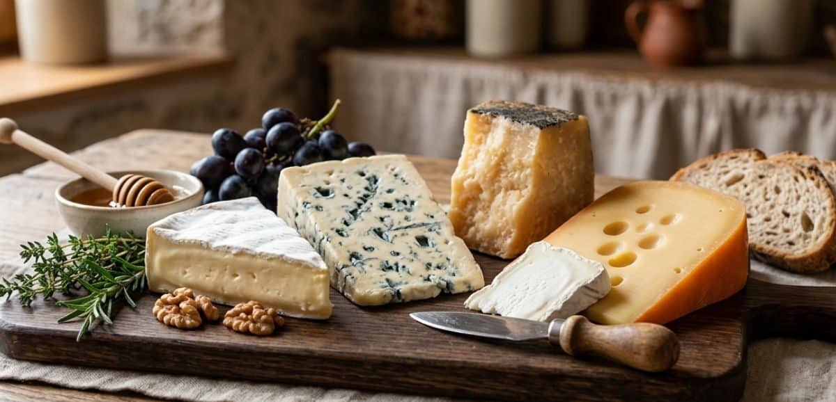 Panoramica di varie tipologie di formaggi fermentati, tra cui erborinati e croste fiorite, su un tagliere rustico.