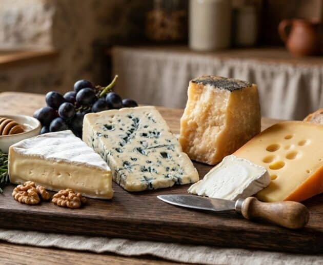 Panoramica di varie tipologie di formaggi fermentati, tra cui erborinati e croste fiorite, su un tagliere rustico.