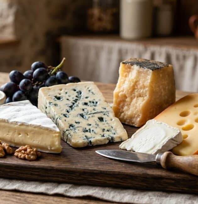 Panoramica di varie tipologie di formaggi fermentati, tra cui erborinati e croste fiorite, su un tagliere rustico.