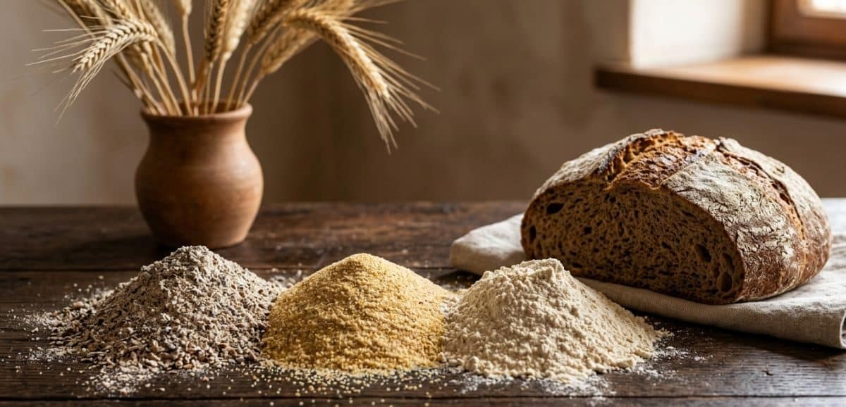 Tre cumuli di farine diverse macinate a pietra accanto a una pagnotta di pane rustico con lievito madre su un tavolo di legno antico.