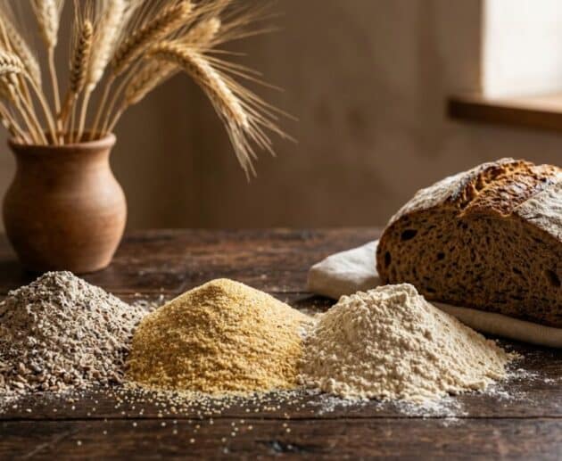 Tre cumuli di farine diverse macinate a pietra accanto a una pagnotta di pane rustico con lievito madre su un tavolo di legno antico.