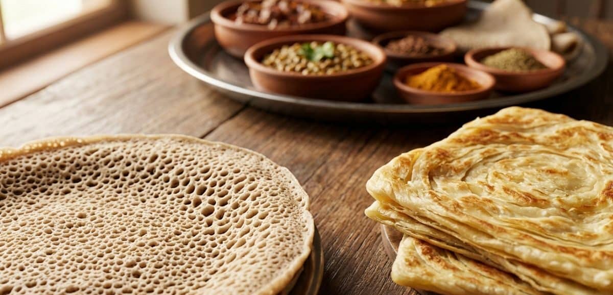 Assortimento dei pani africani più sorprendenti sul tavolo, tra cui l'Injera etiope spugnosa e il Msemmen marocchino sfogliato accanto a ciotole di spezie.