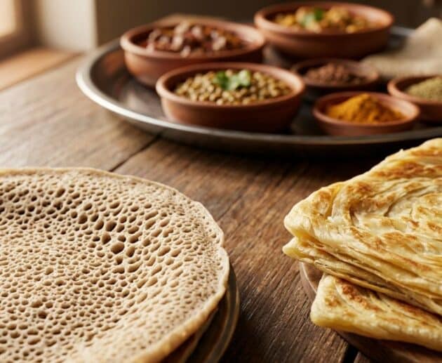 Assortimento dei pani africani più sorprendenti sul tavolo, tra cui l'Injera etiope spugnosa e il Msemmen marocchino sfogliato accanto a ciotole di spezie.