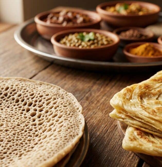 Assortimento dei pani africani più sorprendenti sul tavolo, tra cui l'Injera etiope spugnosa e il Msemmen marocchino sfogliato accanto a ciotole di spezie.