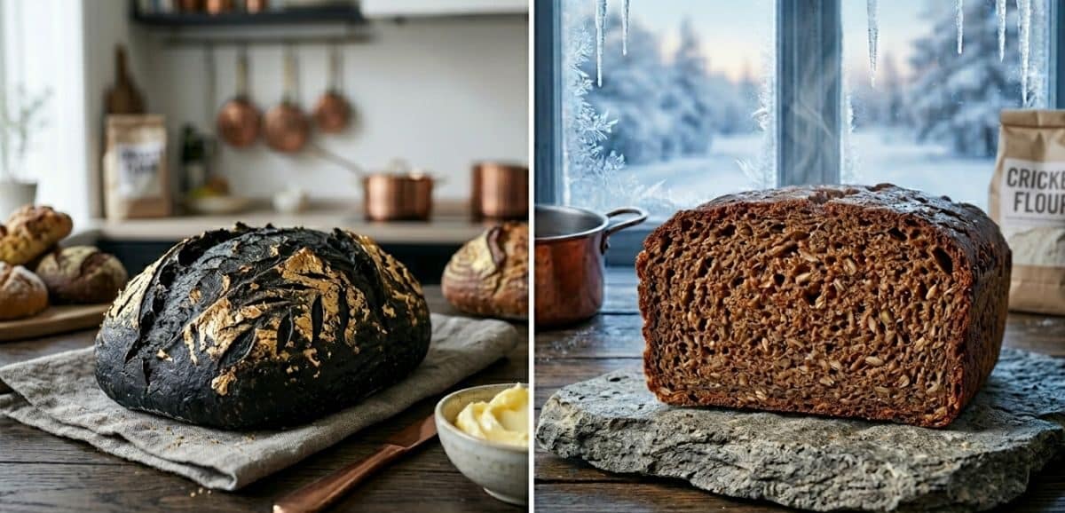 Un'affascinante panoramica di pani insoliti su un tavolo da forno rustico, che include una pagnotta nera al carbone vegetale con decorazioni dorate e un pane bioluminescente che emette una delicata luce verde.