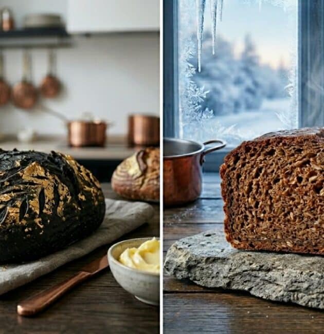 Un'affascinante panoramica di pani insoliti su un tavolo da forno rustico, che include una pagnotta nera al carbone vegetale con decorazioni dorate e un pane bioluminescente che emette una delicata luce verde.