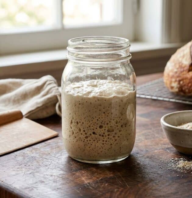 Un barattolo di vetro colmo di lievito madre attivo e pieno di bolle, posizionato su un bancone di legno rustico in una cucina illuminata, con un pane fresco e strumenti di panificazione sullo sfondo.