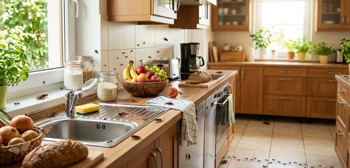 Una cucina domestica invasa da formiche, scarafaggi e moscerini della frutta durante l'estate, su piani di lavoro e cibo.