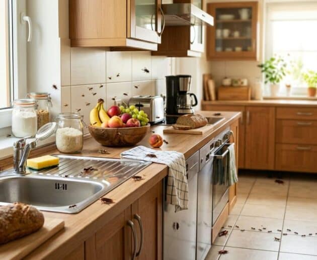 Una cucina domestica invasa da formiche, scarafaggi e moscerini della frutta durante l'estate, su piani di lavoro e cibo.