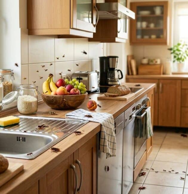 Una cucina domestica invasa da formiche, scarafaggi e moscerini della frutta durante l'estate, su piani di lavoro e cibo.