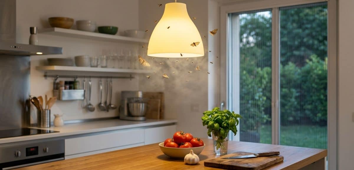 Una nuvola di insetti attratti dalla luce calda di una lampada a sospensione sopra un'isola di cucina pulita con basilico e pomodori freschi in estate.