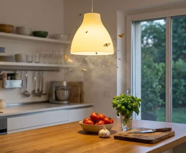 Una nuvola di insetti attratti dalla luce calda di una lampada a sospensione sopra un'isola di cucina pulita con basilico e pomodori freschi in estate.