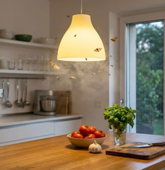Una nuvola di insetti attratti dalla luce calda di una lampada a sospensione sopra un'isola di cucina pulita con basilico e pomodori freschi in estate.
