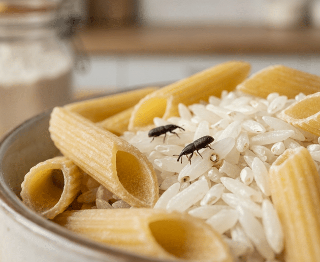 Esempio di piccoli insetti neri nella pasta e punteruolo del grano nel riso in una dispensa domestica