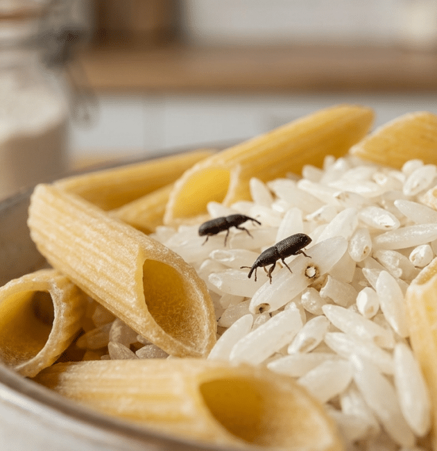 Esempio di piccoli insetti neri nella pasta e punteruolo del grano nel riso in una dispensa domestica