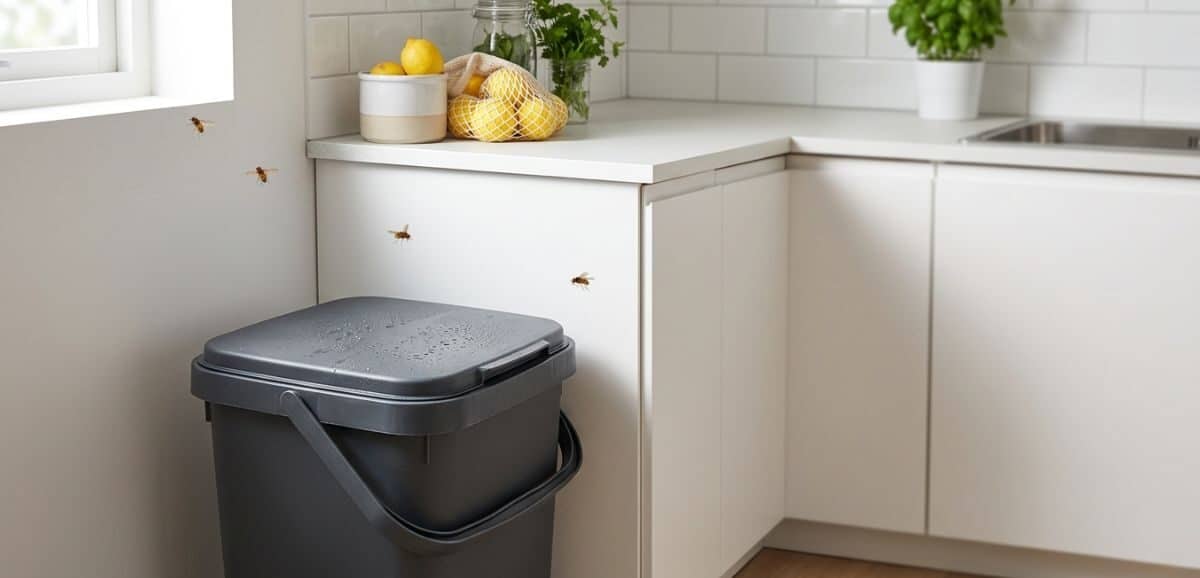 Cucina pulita con contenitore per la raccolta differenziata organica senza insetti vicino al bidone dell’umido