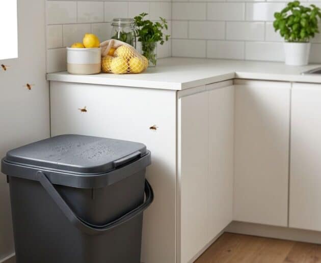 Cucina pulita con contenitore per la raccolta differenziata organica senza insetti vicino al bidone dell’umido