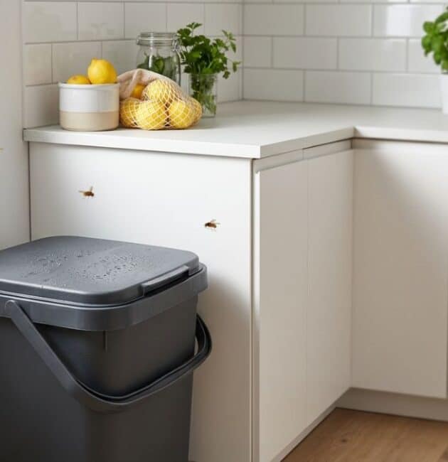 Cucina pulita con contenitore per la raccolta differenziata organica senza insetti vicino al bidone dell’umido