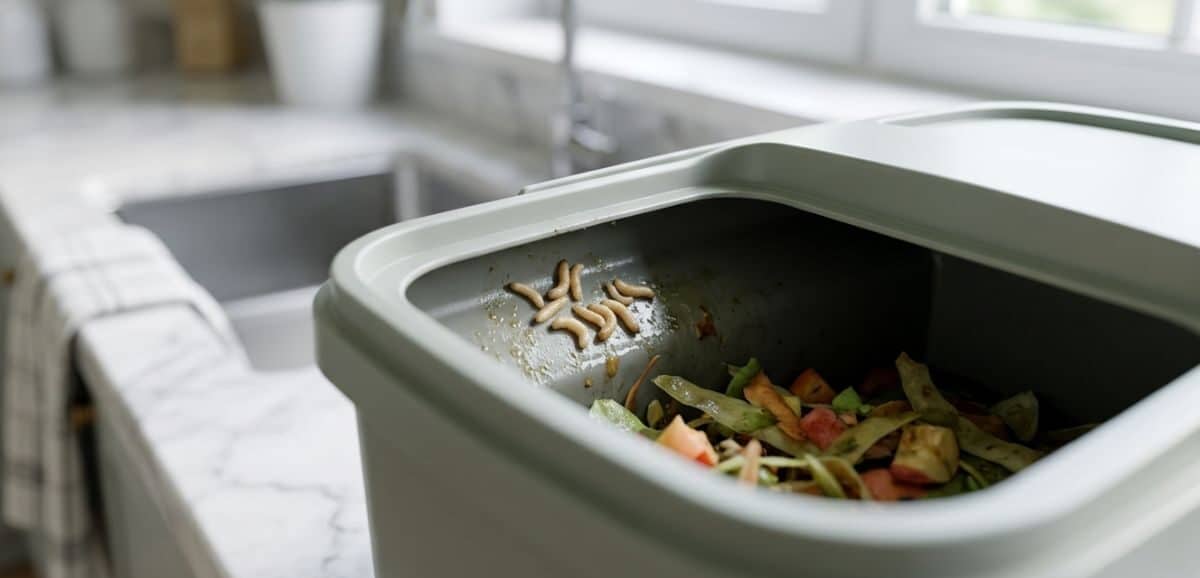 Una macro di piccole larve in cucina, specificamente vermetti bianchi di mosca che si muovono tra residui organici umidi sul bordo di una pattumiera grigia, in un ambiente domestico pulito ma infestato.