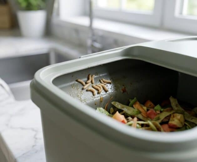 Una macro di piccole larve in cucina, specificamente vermetti bianchi di mosca che si muovono tra residui organici umidi sul bordo di una pattumiera grigia, in un ambiente domestico pulito ma infestato.