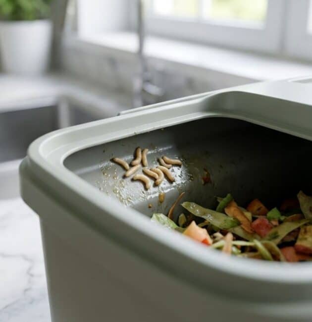 Una macro di piccole larve in cucina, specificamente vermetti bianchi di mosca che si muovono tra residui organici umidi sul bordo di una pattumiera grigia, in un ambiente domestico pulito ma infestato.