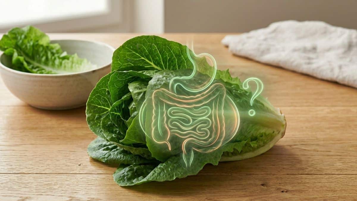 Un cespo di lattuga Romana fresca su un tavolo di legno, con un'icona digitale sovrapposta e luminosa di un sistema digestivo stilizzato (intestino) che si espande delicatamente. Accanto, un'icona luminosa a forma di punto interrogativo. L'immagine simboleggia il quesito sulla digeribilità della lattuga e il gonfiore addominale.