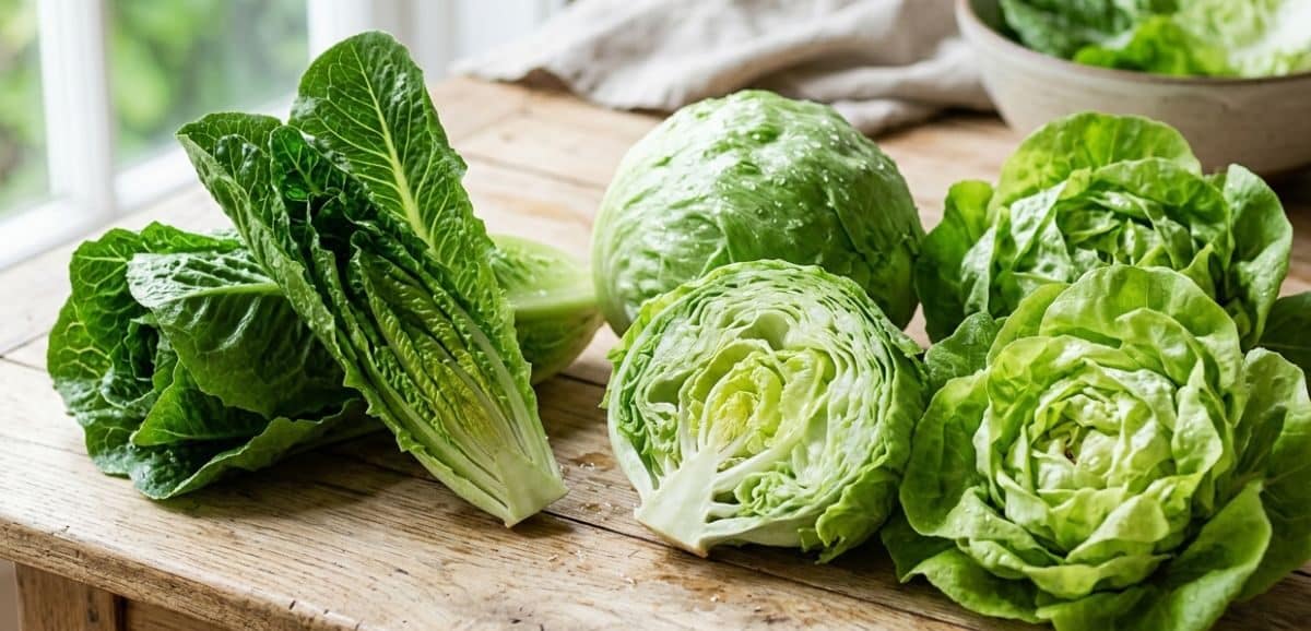 Una fotografia ravvicinata e luminosa che mostra diverse varietà di lattuga fresca, tra cui romana, iceberg (intera e tagliata a metà) e cappuccio, disposte su un tavolo di legno rustico vicino a una finestra.