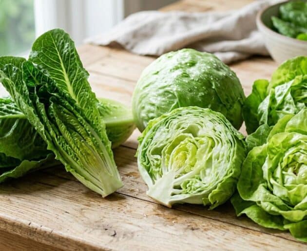 Una fotografia ravvicinata e luminosa che mostra diverse varietà di lattuga fresca, tra cui romana, iceberg (intera e tagliata a metà) e cappuccio, disposte su un tavolo di legno rustico vicino a una finestra.