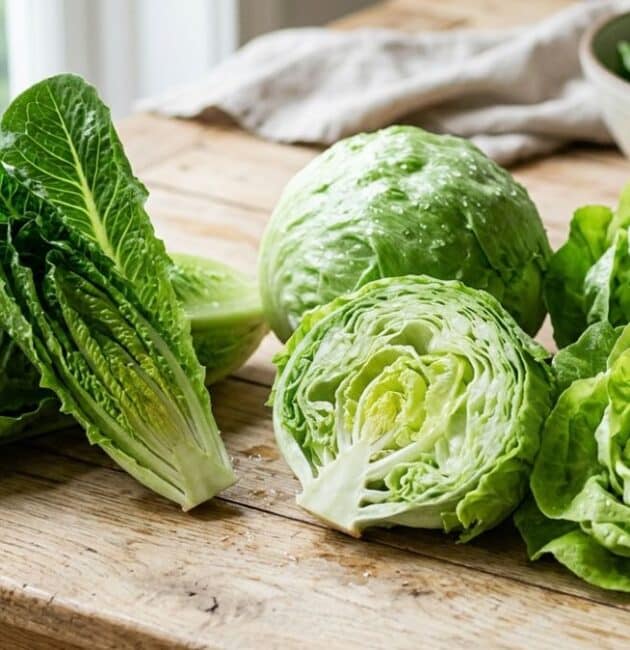 Una fotografia ravvicinata e luminosa che mostra diverse varietà di lattuga fresca, tra cui romana, iceberg (intera e tagliata a metà) e cappuccio, disposte su un tavolo di legno rustico vicino a una finestra.