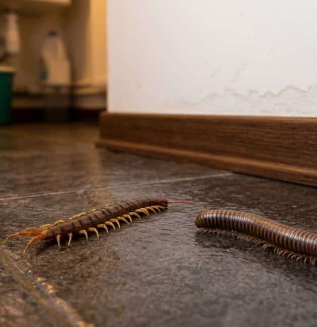 Millepiedi e centopiedi in casa su piastrelle umide vicino a una crepa nel muro.