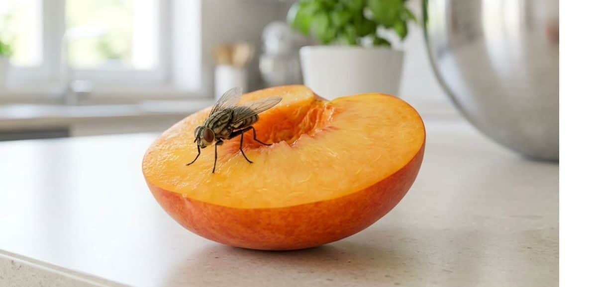 Mosca domestica atterrata su una pesca matura in cucina. Scopri cosa attira le mosche e i rimedi naturali per eliminarle.