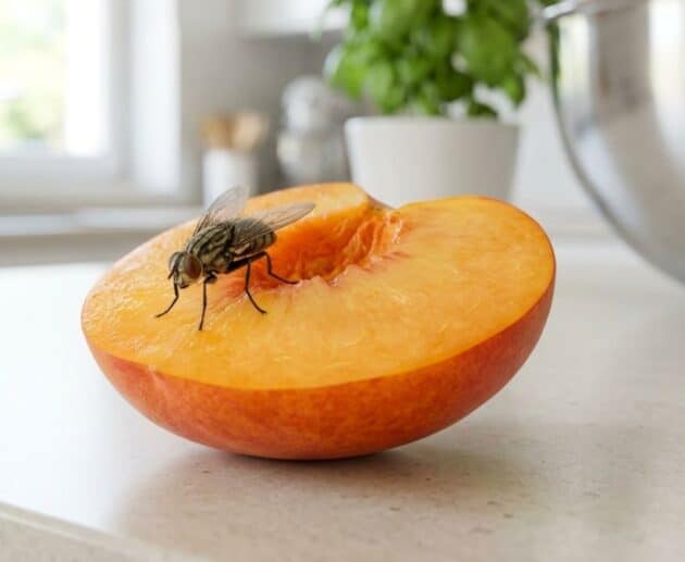 Mosca domestica atterrata su una pesca matura in cucina. Scopri cosa attira le mosche e i rimedi naturali per eliminarle.