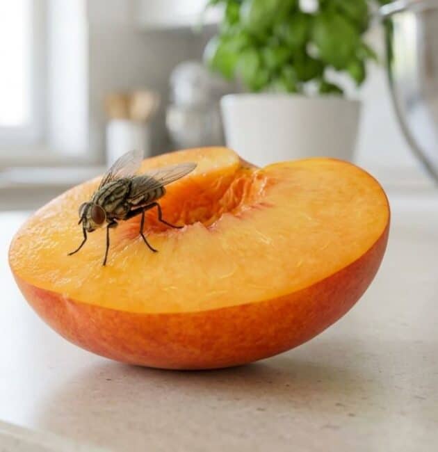 Mosca domestica atterrata su una pesca matura in cucina. Scopri cosa attira le mosche e i rimedi naturali per eliminarle.