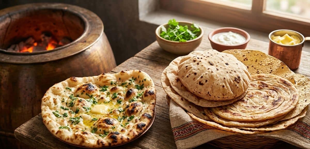 Un assortimento di autentici pani indiani in un cesto di vimini su un tavolo di legno rustico, tra cui Naan soffice con coriandolo e burro, Paratha a strati, Roti e Papad croccanti.