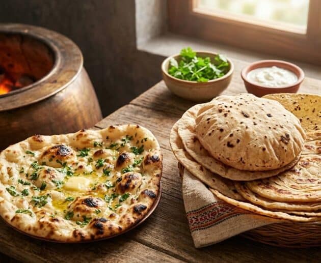 Un assortimento di autentici pani indiani in un cesto di vimini su un tavolo di legno rustico, tra cui Naan soffice con coriandolo e burro, Paratha a strati, Roti e Papad croccanti.