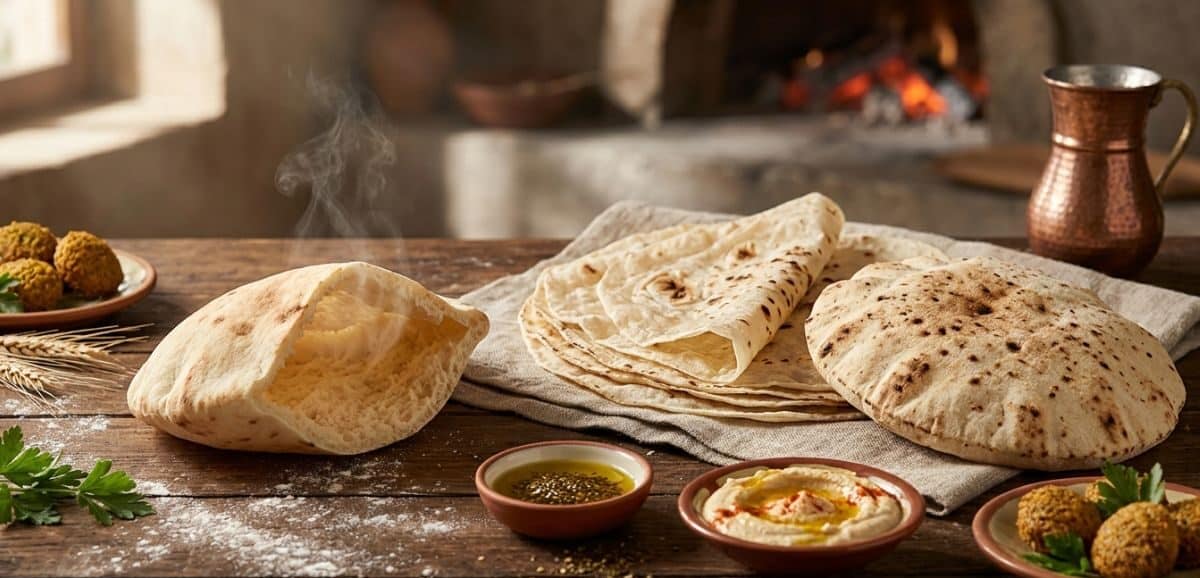 Assortimento di pani piatti mediorientali tra cui una pita aperta a tasca, pane saj sottile e khubz su un tavolo di legno con hummus e falafel.