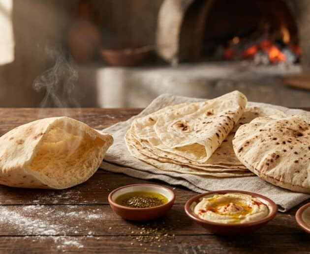 Assortimento di pani piatti mediorientali tra cui una pita aperta a tasca, pane saj sottile e khubz su un tavolo di legno con hummus e falafel.