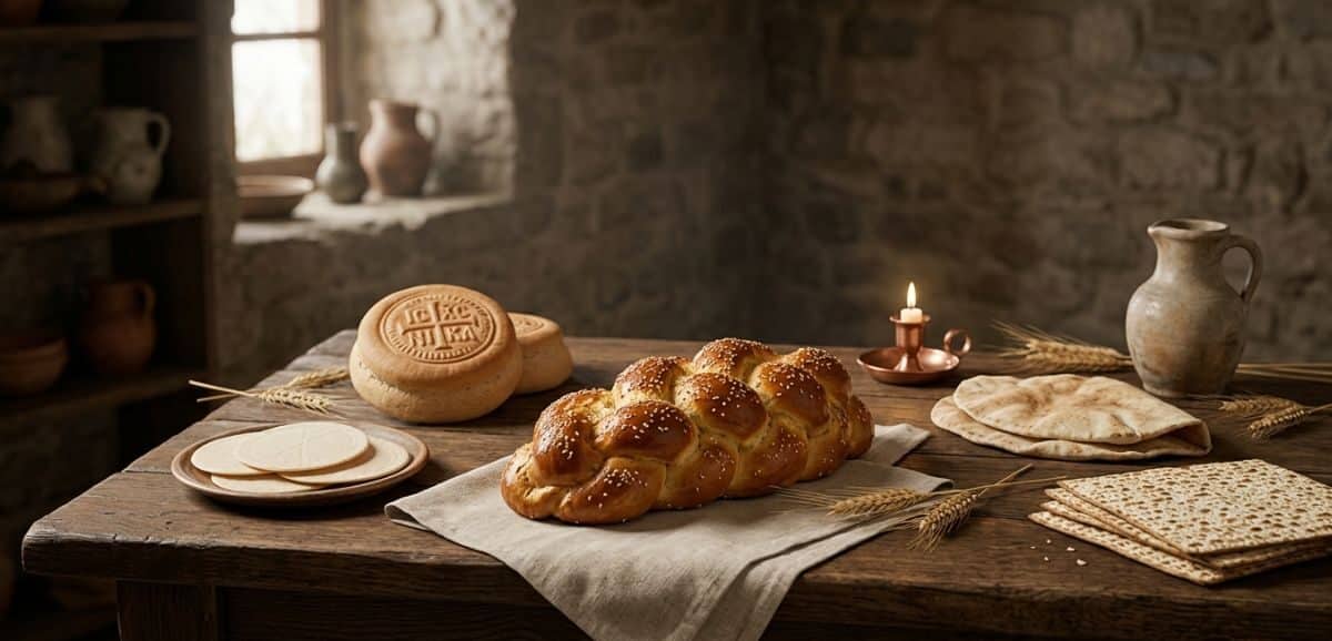 Assortimento di pani rituali sacri su un tavolo scuro, tra cui Challah ebraica, ostie e Prosfora, rappresentativi del legame tra pane e religione: simboli e rituali.