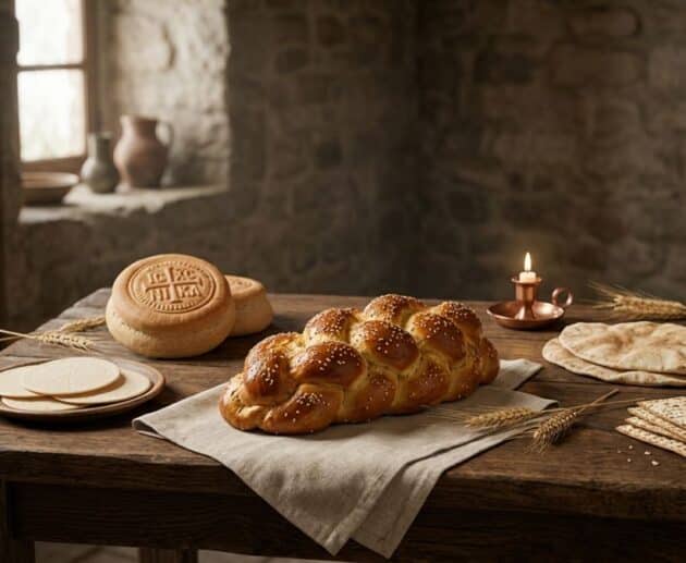 Assortimento di pani rituali sacri su un tavolo scuro, tra cui Challah ebraica, ostie e Prosfora, rappresentativi del legame tra pane e religione: simboli e rituali.
