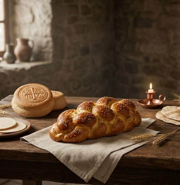 Assortimento di pani rituali sacri su un tavolo scuro, tra cui Challah ebraica, ostie e Prosfora, rappresentativi del legame tra pane e religione: simboli e rituali.