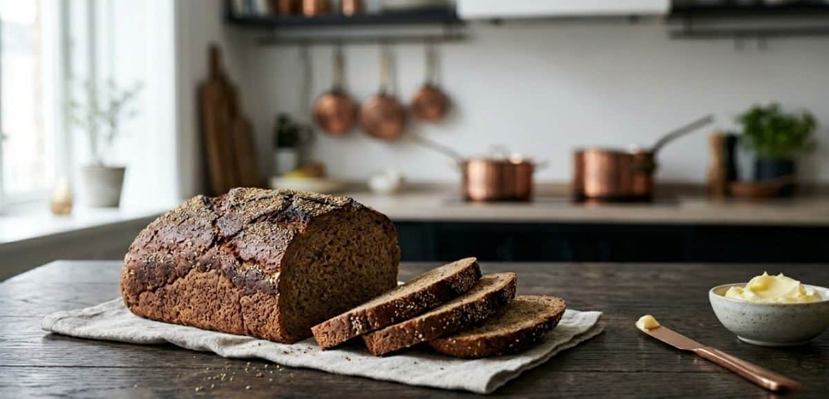 Primo piano di un'autentica pagnotta intera e affettata di Rugbrød danese (pane nordico di segale) con una trama densa e ricca di semi, servito con burro su un tavolo rustico.