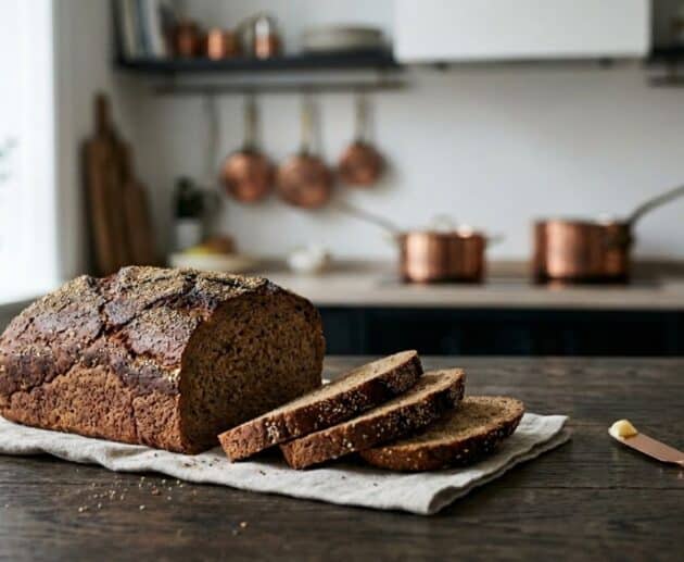 Primo piano di un'autentica pagnotta intera e affettata di Rugbrød danese (pane nordico di segale) con una trama densa e ricca di semi, servito con burro su un tavolo rustico.