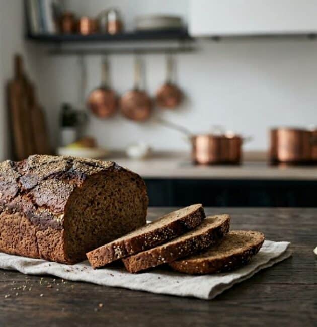 Primo piano di un'autentica pagnotta intera e affettata di Rugbrød danese (pane nordico di segale) con una trama densa e ricca di semi, servito con burro su un tavolo rustico.