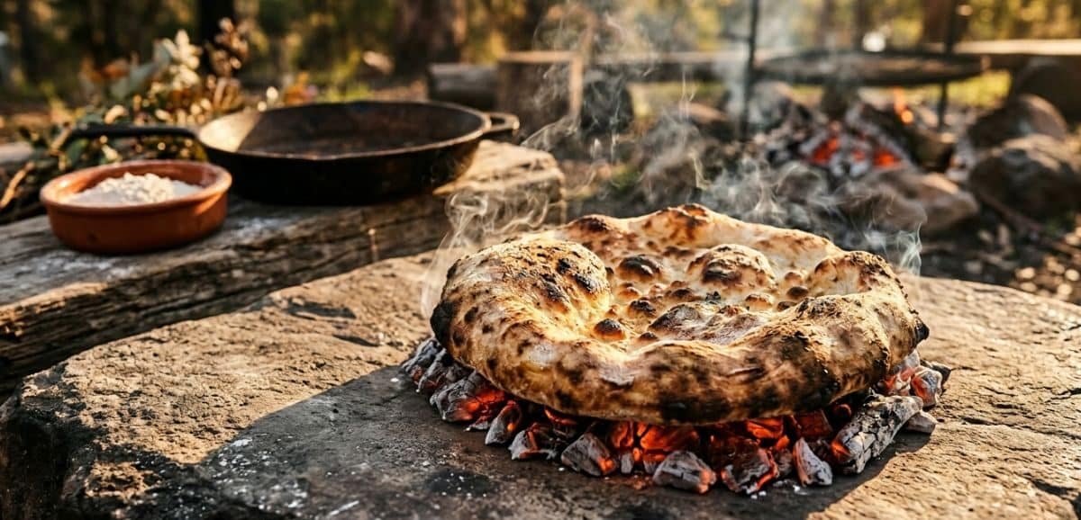 Un pane piatto artigianale in cottura all'aperto direttamente su un letto di braci ardenti sopra una grande pietra, con fumo leggero e crosta dorata e alveolata.
