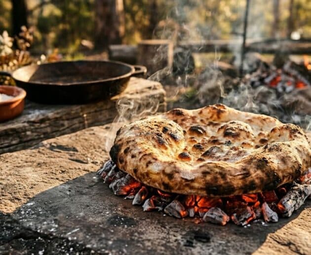 Un pane piatto artigianale in cottura all'aperto direttamente su un letto di braci ardenti sopra una grande pietra, con fumo leggero e crosta dorata e alveolata.