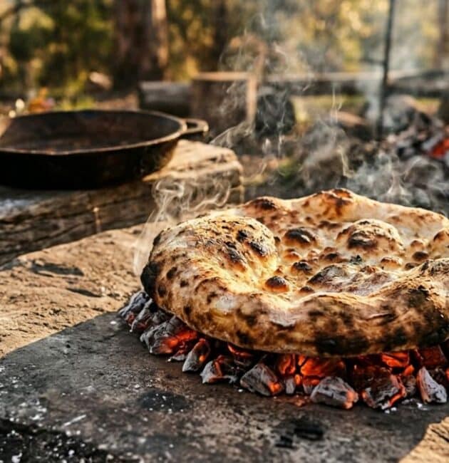Un pane piatto artigianale in cottura all'aperto direttamente su un letto di braci ardenti sopra una grande pietra, con fumo leggero e crosta dorata e alveolata.
