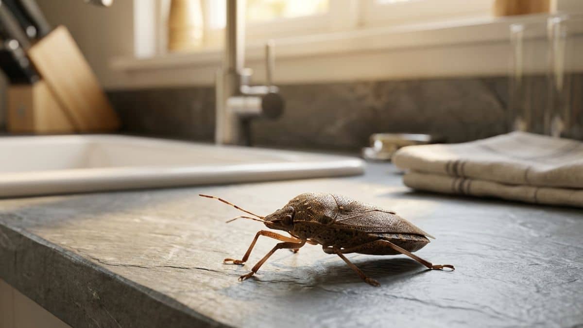 Dettaglio di una cimice asiatica su un piano di cucina: ecco perché non bisogna schiacciare le cimici in casa per evitare cattivi odori.