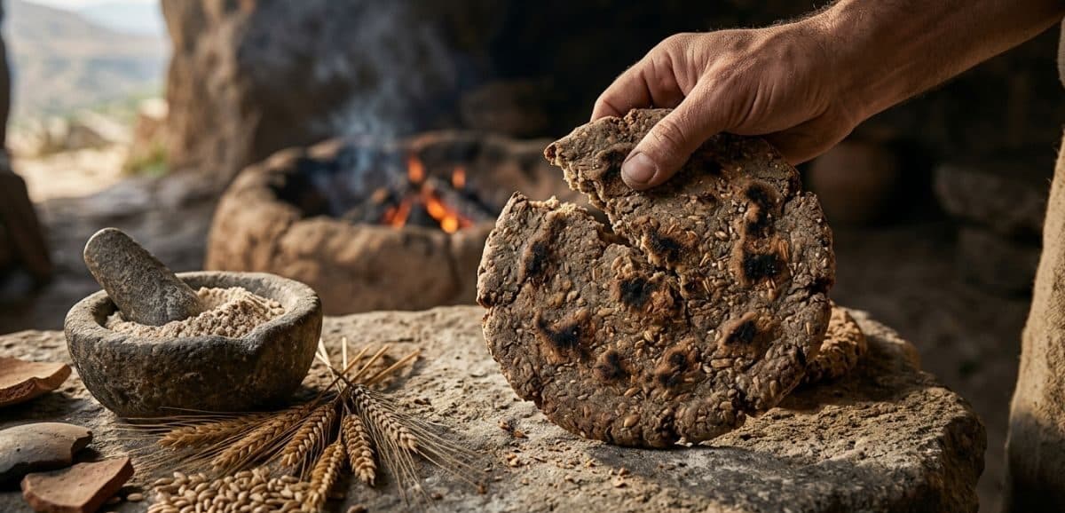 Mani che spezzano un pane antico rustico vicino a un focolare in pietra.